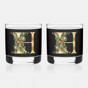 Stylish Gold Decorative Initial H with Greenery Whiskey Glass