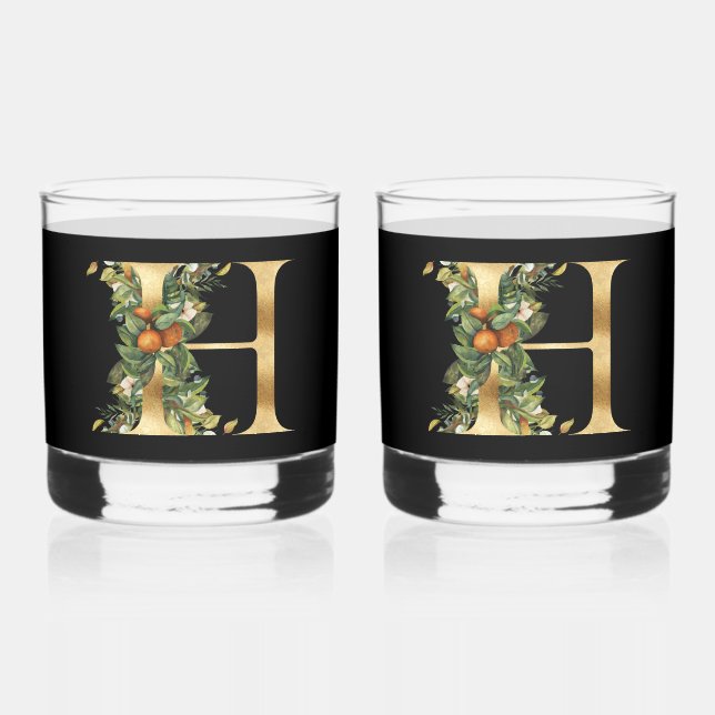 Stylish Gold Decorative Initial H with Greenery Whiskey Glass (Front)