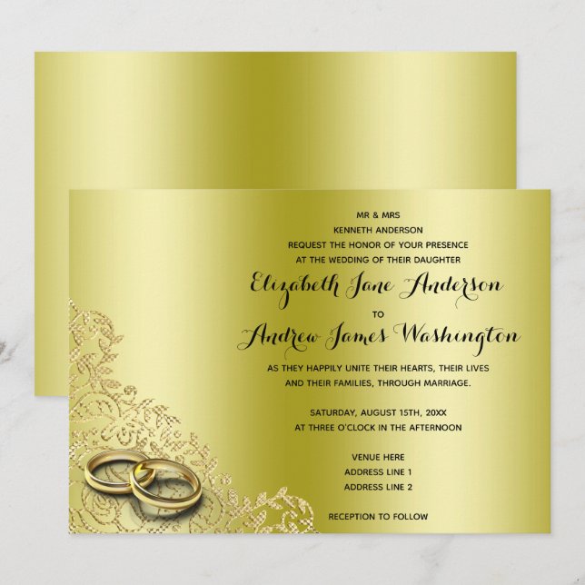 Stylish Gold Decorative & Wedding Rings Wedding Invitation (Front/Back)
