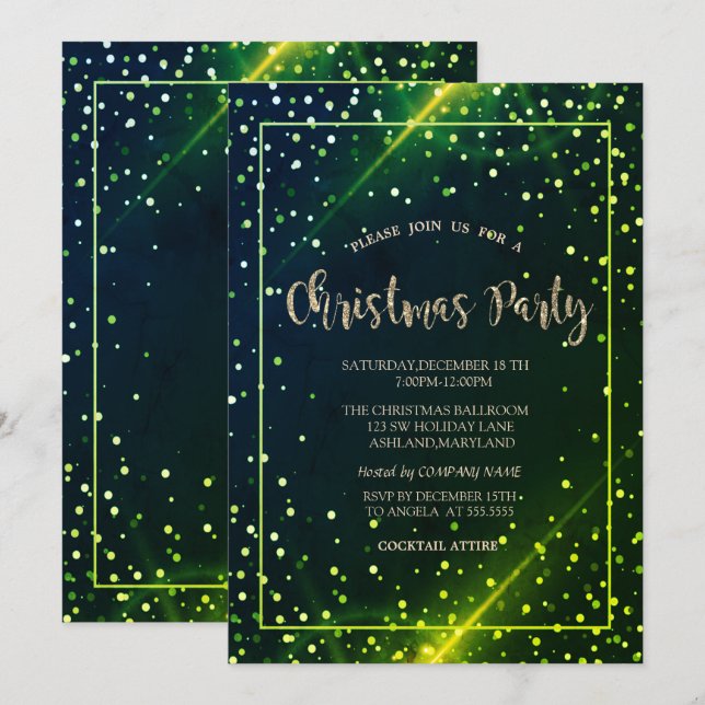 Stylish Gold Dots Green Company Christmas Party  Invitation (Front/Back)