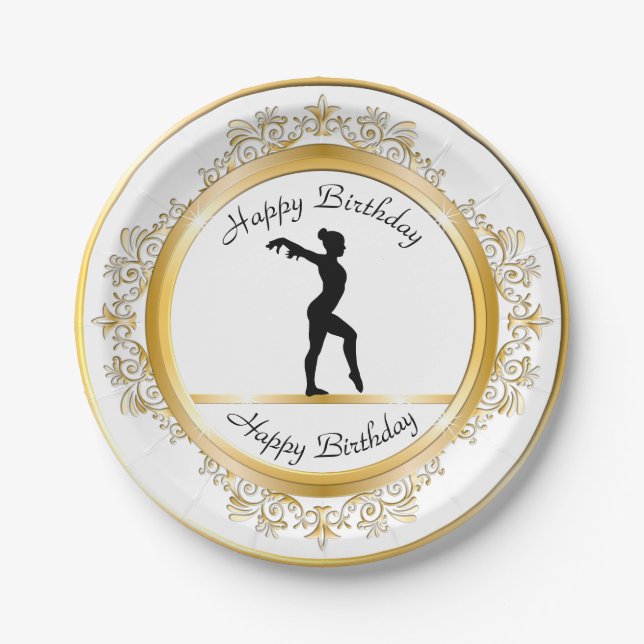 Stylish Gold Embellished Gymnastics Birthday Paper Plate (Front)
