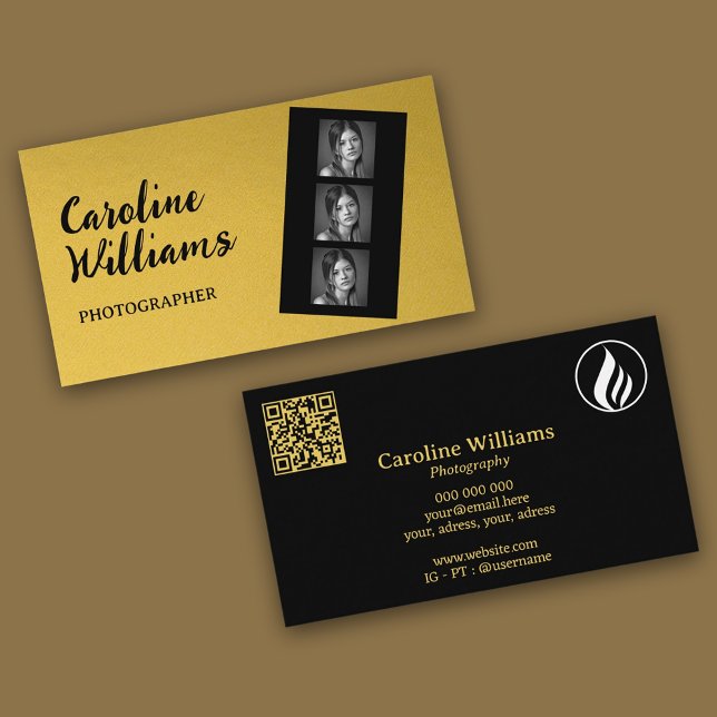 Stylish gold film strip Photography Logo QR code Business Card (Stylish gold film strip Photography Logo QR code Business Card)