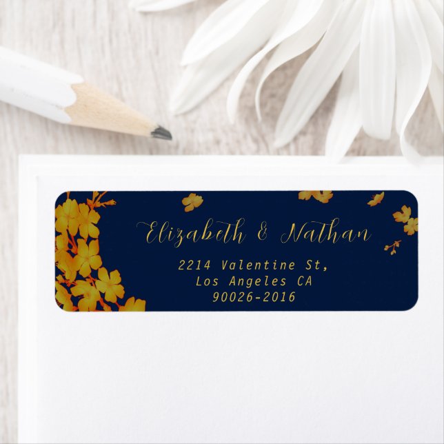 Stylish Gold Flower Navy Blue Return Address (Insitu)