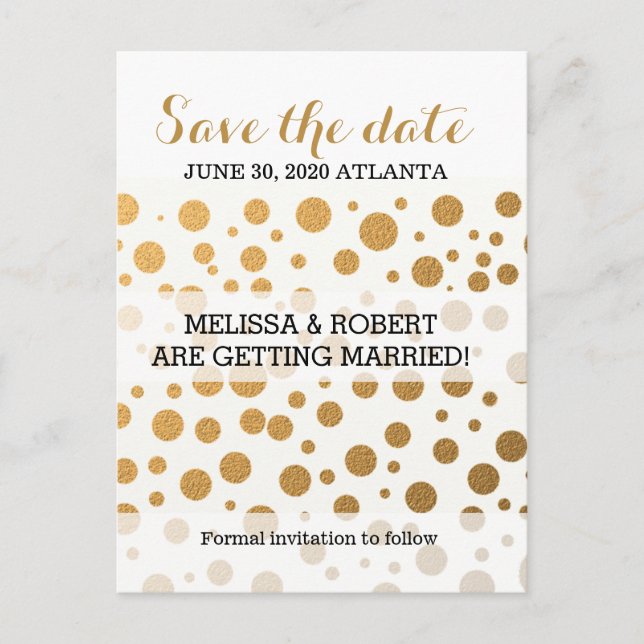 Stylish Gold Foil Confetti Dots | Save the Date Announcement Postcard (Front)