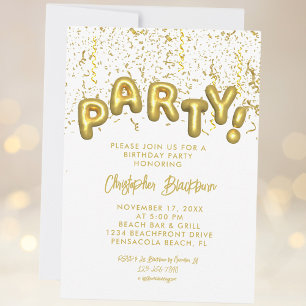 Stylish Gold Foil Party Balloon Birthday Confetti Invitation