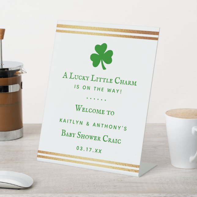 Stylish Gold Foil St. Patrick's Day Baby Shower Pedestal Sign (In SItu)