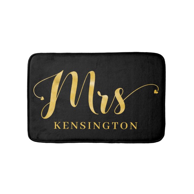 Stylish Gold Foil Typography Mrs Newlywed Bath Mat (Front)