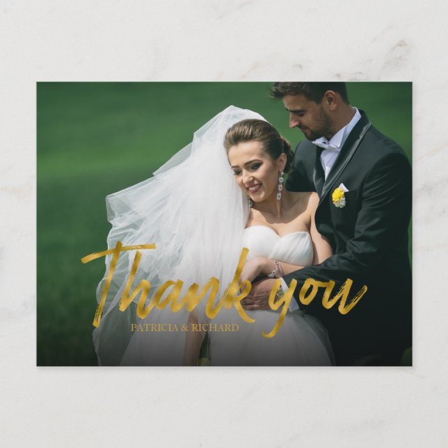 Stylish Gold Foil Wedding Thank You Photo Postcard (Front)