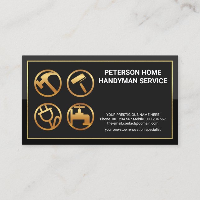 Stylish Gold Frame Handyman Tools Construction Business Card (Front)