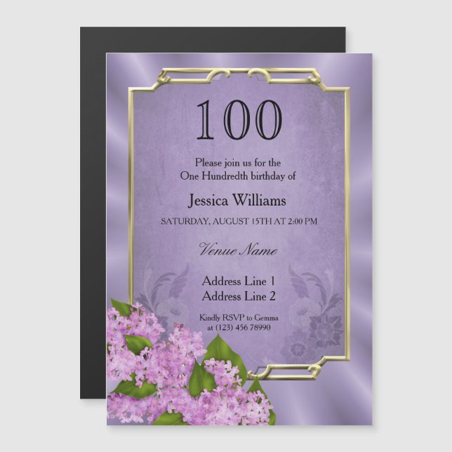 Stylish Gold Framed Mauve Tapestry 100th Birthday Magnetic Invitation (Front/Back)