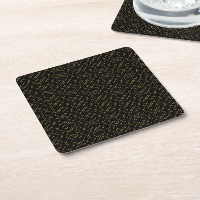 Stylish Gold Geometric Box Design Black Square Paper Coaster (Angled)