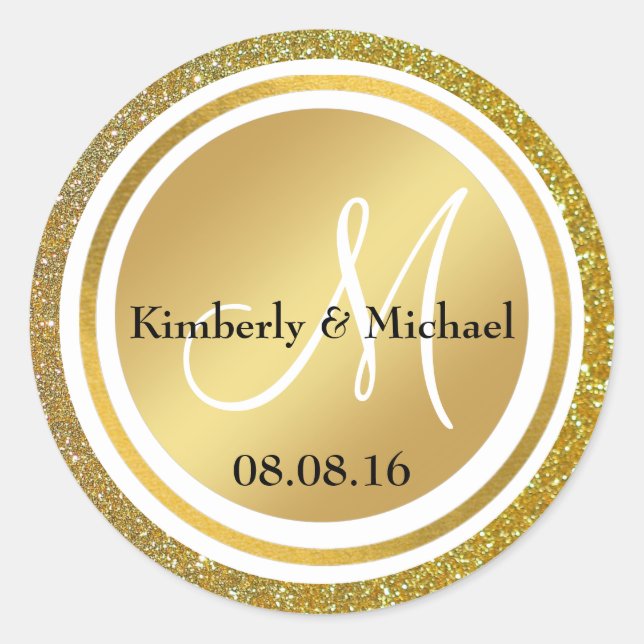 Stylish Gold Glitter & Bronze Wedding Monogram Classic Round Sticker (Front)
