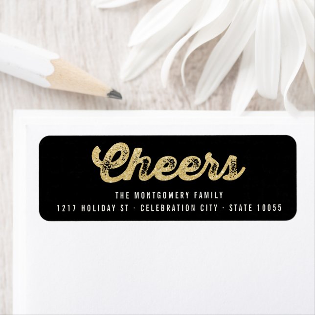 Stylish Gold Glitter Cheers Holiday Address Labels (Insitu)