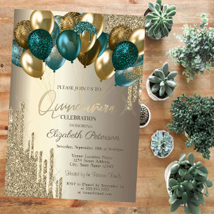 Stylish Gold Glitter Drips Balloons  Quinceañera Invitation