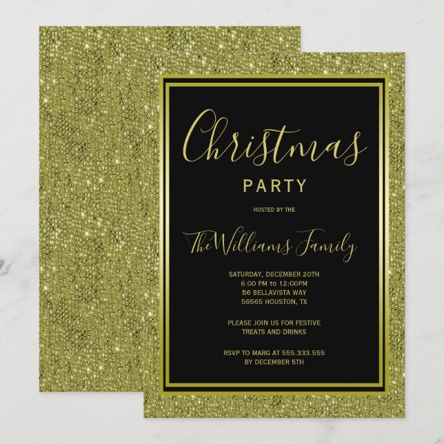 Stylish Gold Glitter, Gold Framed Christmas Party Invitation (Front/Back)