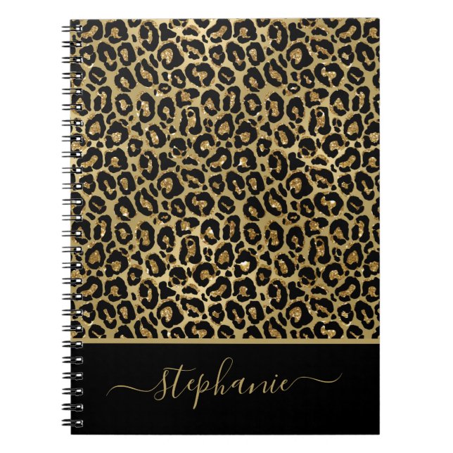 Stylish Gold Glitter Leopard Animal Print Monogram Notebook (Front)