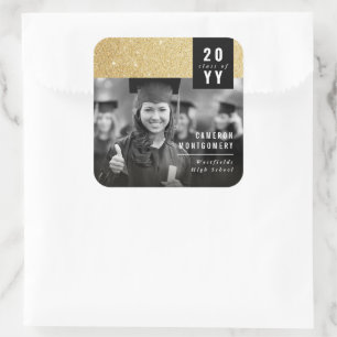 Stylish Gold Glitter Modern Chic Photo Graduation Square Sticker
