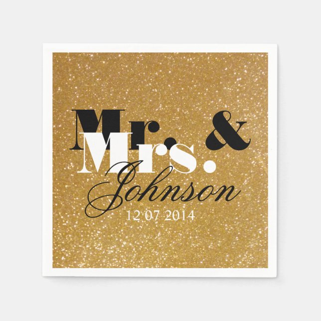 Stylish Gold glitter Mr and Mrs wedding napkins (Front)