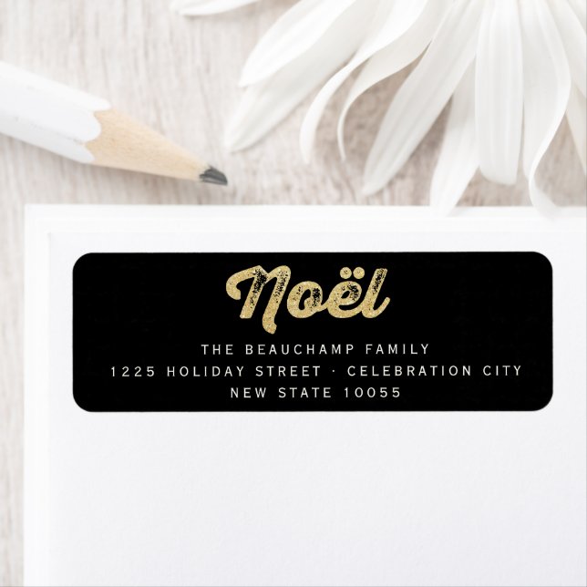 Stylish Gold Glitter Noel Holiday Address Labels (Insitu)
