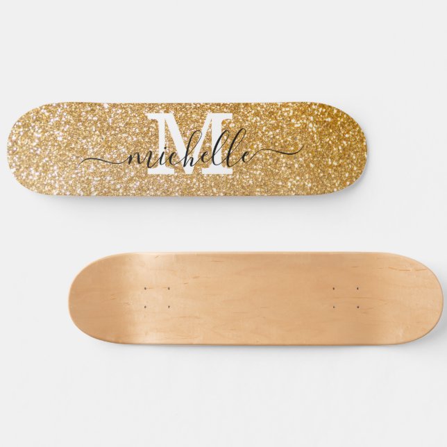 Stylish Gold Glitter Personalised Monogrammed  Skateboard (Horz)