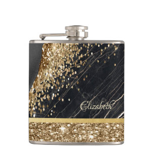 Stylish Gold Glitter Sequins Black Marble Hip Flask