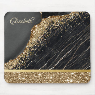 Stylish Gold Glitter Sequins Black Marble Mouse Mat