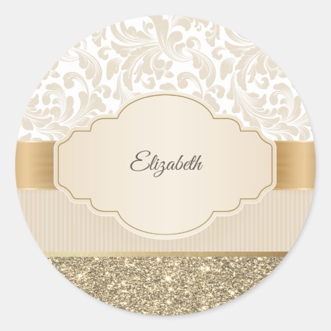  Stylish Gold Glitter Vintage Damask  Classic Round Sticker (Front)