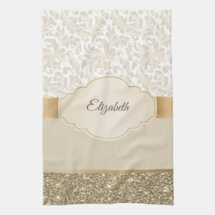 Stylish Gold Glitter Vintage Damask Tea Towel