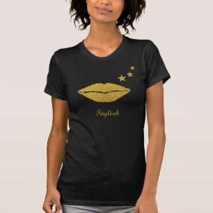 Stylish gold glittering lips, calligraphy & stars T-Shirt