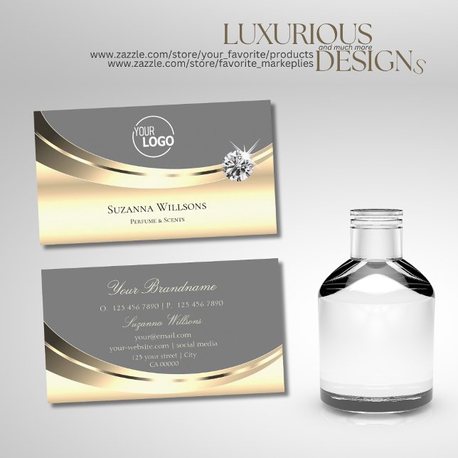 Stylish Gold Grey with Logo and Sparkling Diamond Business Card (Creator Uploaded)