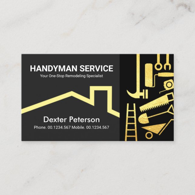 Stylish Gold Handyman Tools Roofing Business Card (Front)