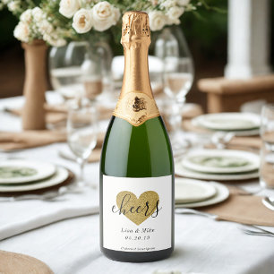 Stylish Gold Heart Cheers Personalised Wedding Sparkling Wine Label