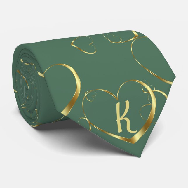 Stylish Gold Heart Monogram Green Valentine Love Tie (Rolled)