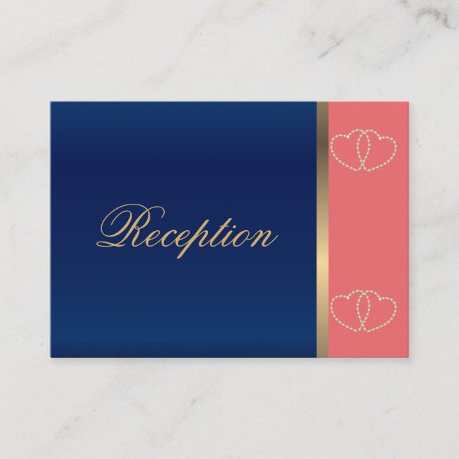 Stylish Gold Hearts on Coral and Navy Blue Enclosure Card (Front)
