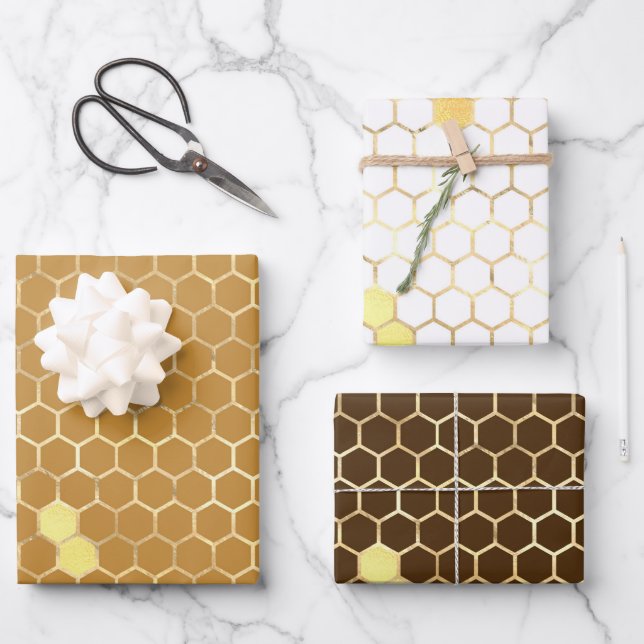 Stylish Gold Honeycomb Honey Wrapping Paper Sheet (Front)