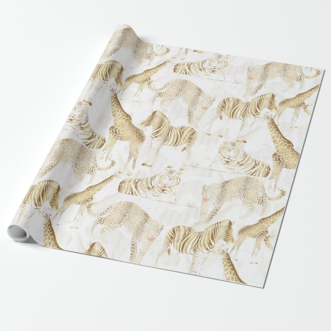 Stylish Gold Jungle Wild Animals Pattern Wrapping Paper (Unrolled)