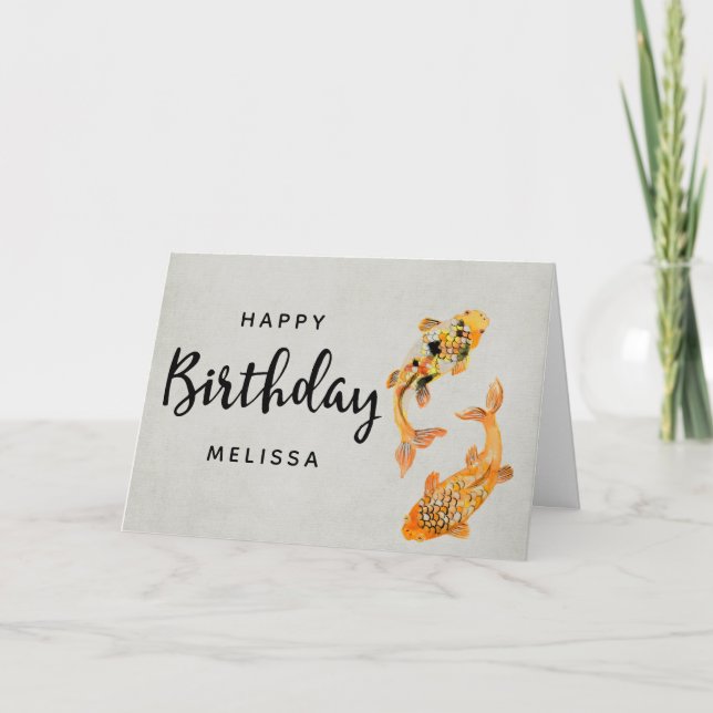 Stylish Gold Koi Fish Birthday Card (Front)