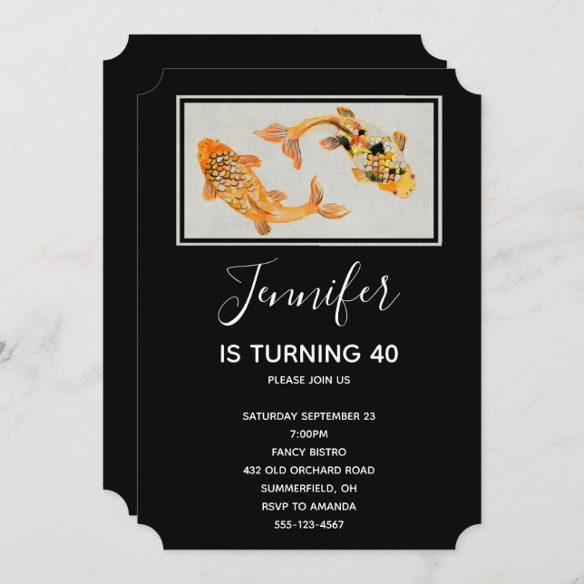 Stylish Gold Koi Fish Birthday Invitation (Front/Back)