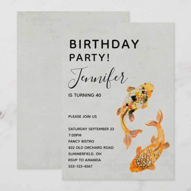 Stylish Gold Koi Fish Birthday Invitation (Front/Back)