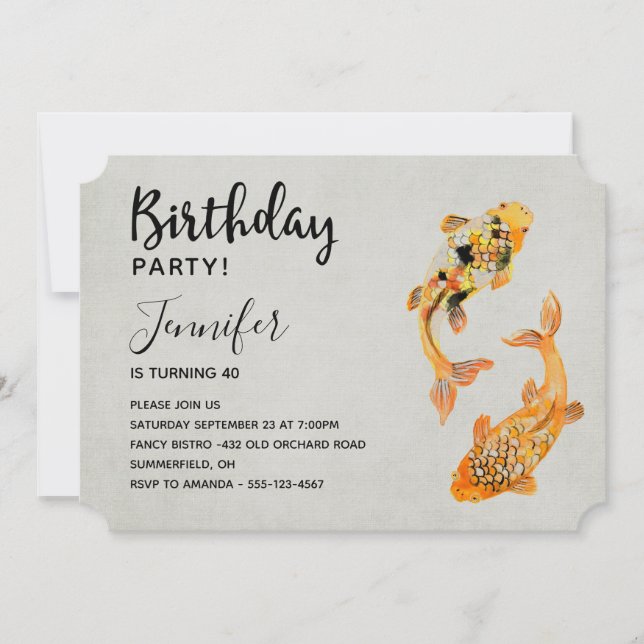 Stylish Gold Koi Fish Birthday Invitation (Front)