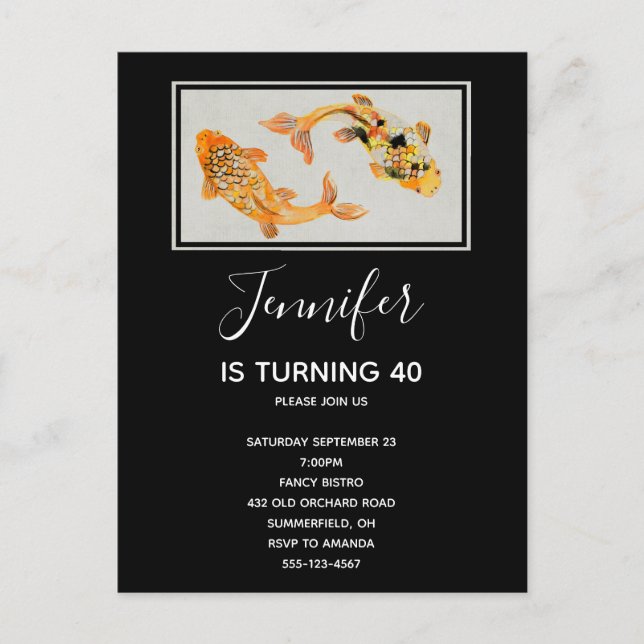Stylish Gold Koi Fish Birthday Invitation Postcard (Front)