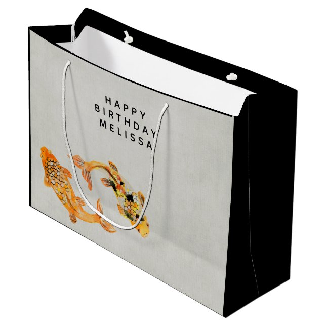 Stylish Gold Koi Fish Birthday Large Gift Bag (Front Angled)