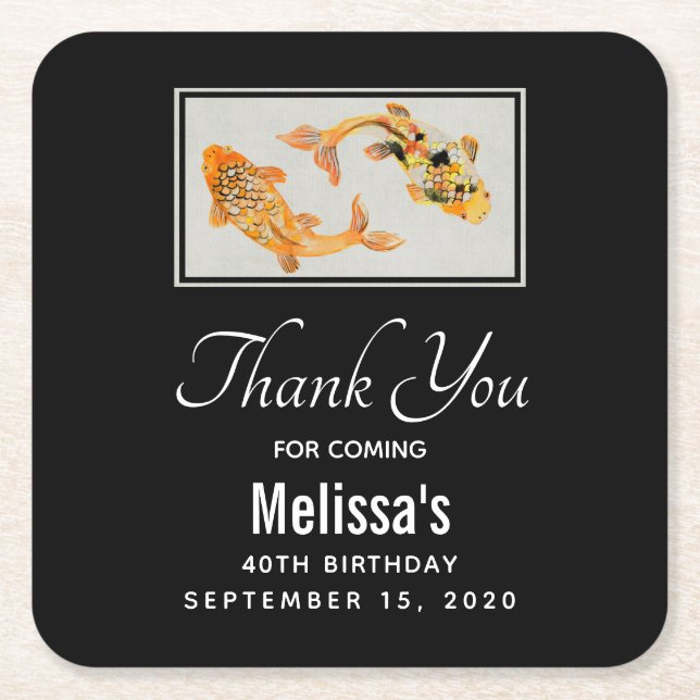 Stylish Gold Koi Fish Birthday Square Paper Coaster (Front)