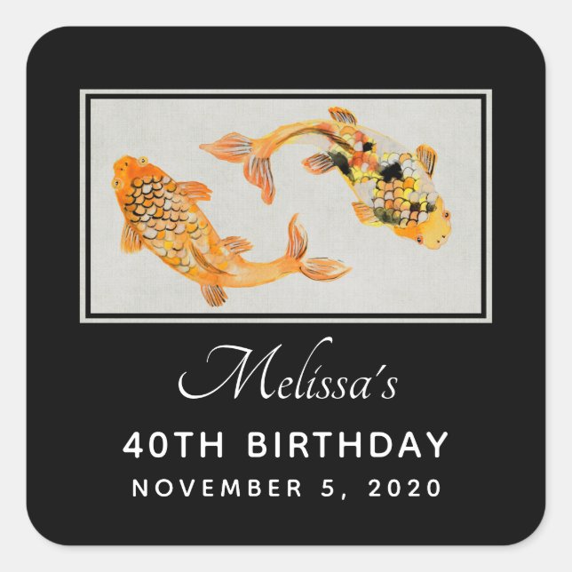 Stylish Gold Koi Fish Birthday Square Sticker (Front)