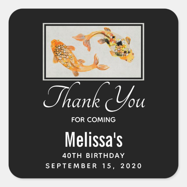 Stylish Gold Koi Fish Birthday Thank You Square Sticker (Front)