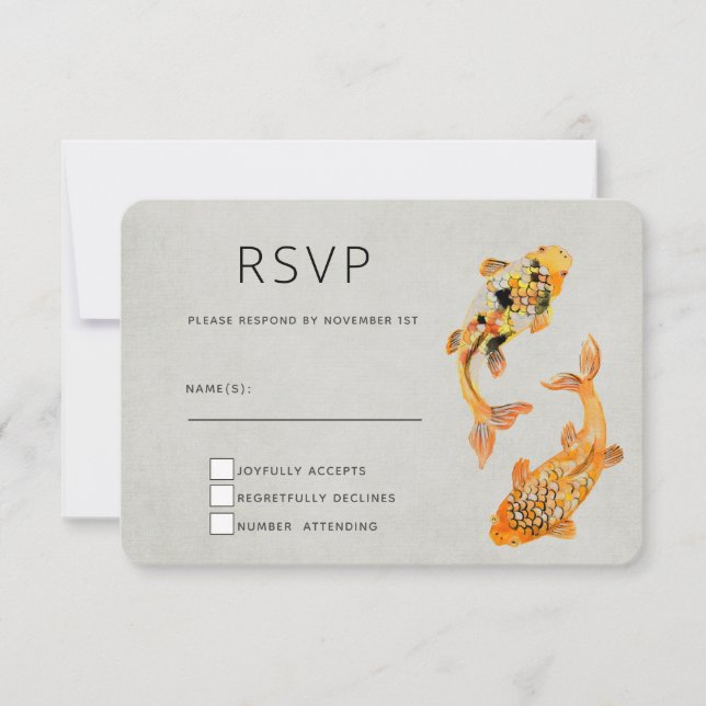 Stylish Gold Koi Fish  Wedding RSVP Card (Front)