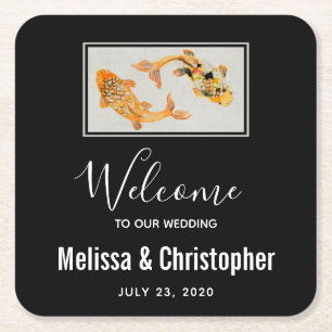 Stylish Gold Koi Fish  Wedding Square Paper Coaster