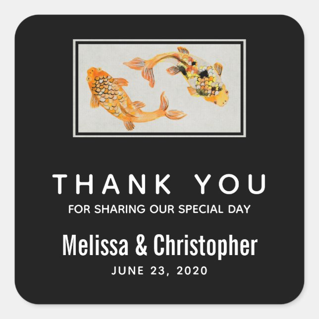 Stylish Gold Koi Fish Wedding Thank You Square Sticker (Front)