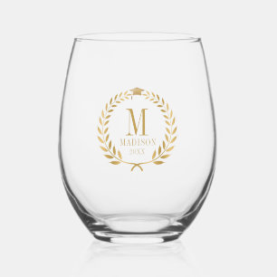Stylish Gold Laurel & Cap Graduation Stemless Wine Glass