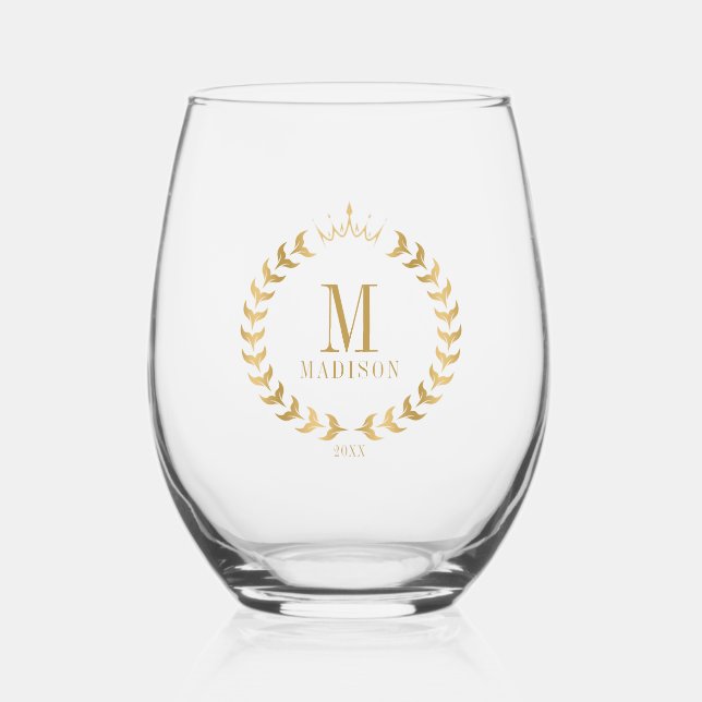 Stylish Gold Laurel Graduation Stemless Wine Glass (Front)